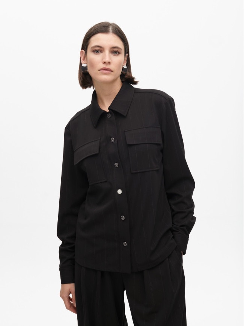 Lola Casademunt Classic Black Button-Down Shirt with Chest Flap Pockets